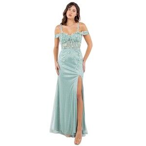 Bliss gown prom dress floral thigh slit sheer top green sz 2X XXL beaded lace-up